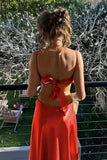 Spaghetti Straps Sleek Red Satin Cut-Out Bow Maxi Prom Dress-Pgmdress