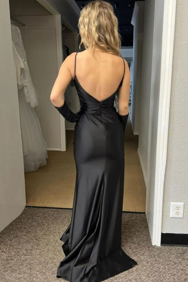 Spaghetti Straps Slit Mermaid Satin Pleated Black Prom Dress PSK711-Pgmdress