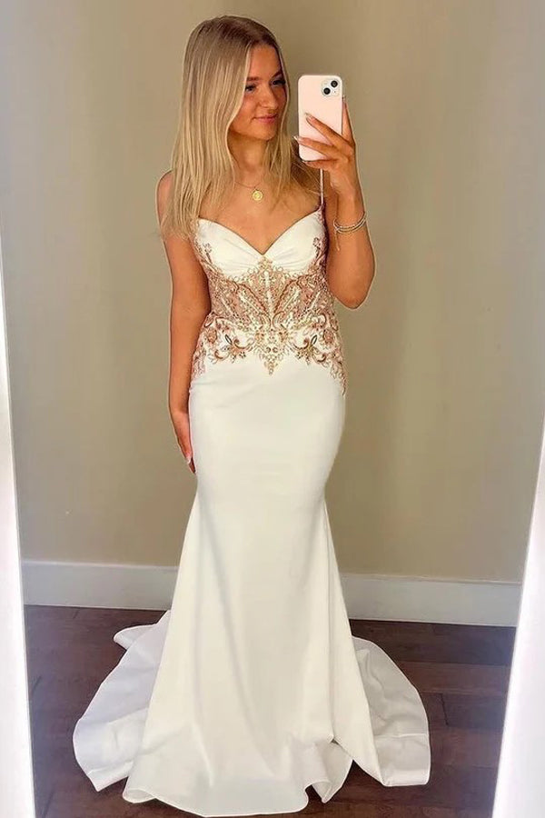 Spaghetti Straps V-Neck Appliques Mermaid White Prom Dress PSK620-Pgmdress