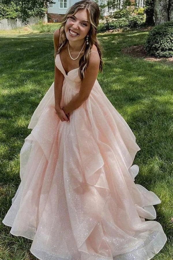 Spaghetti Straps V-Neck Ruffles Sleeveless Pink Long Prom Dress PSK639-Pgmdress