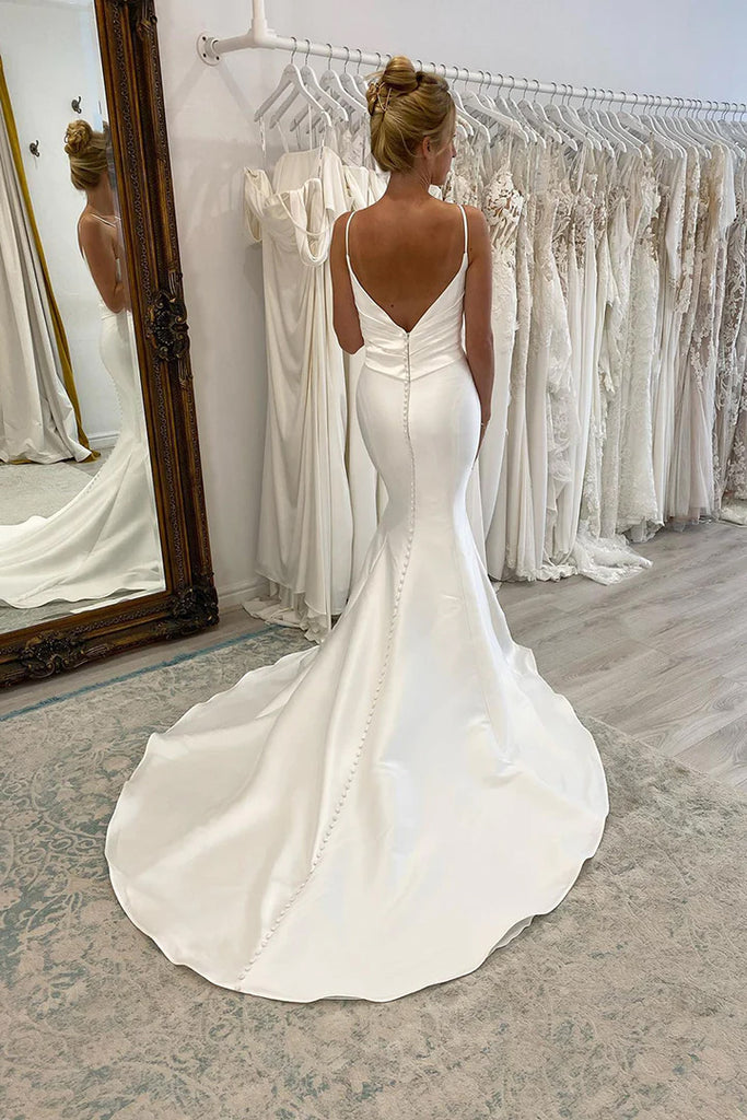 Spaghetti Straps V-neck Pleats Simple Mermaid Satin Wedding Dress  WD650-Pgmdress