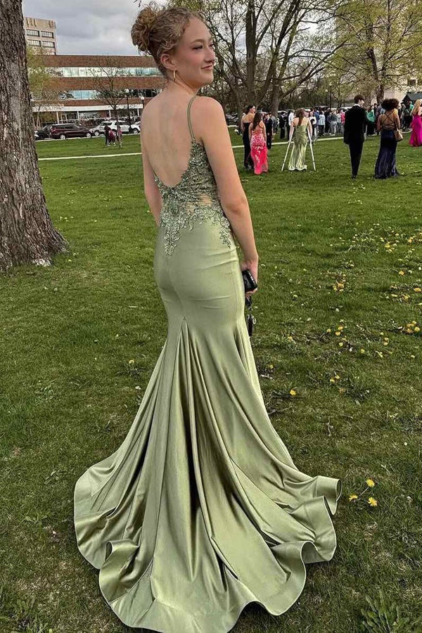 Spaghettiträger Meerjungfrau Rückenfrei Blau Langes Ballkleid PSK648
