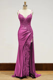 Robe de bal longue noire à bretelles spaghetti et appliques fendues sur le côté PSK440