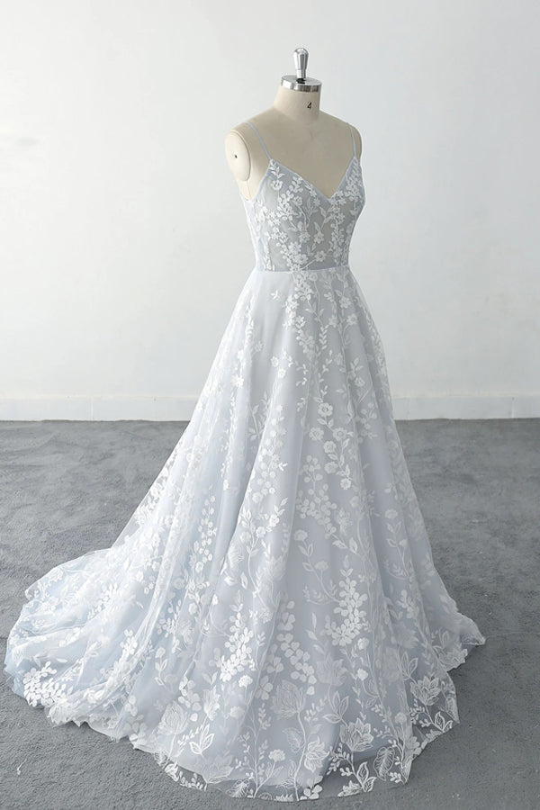 Spaghetti Straps Floral Lace Light Dusty Blue Tulle Wedding Dress-Pgmdress