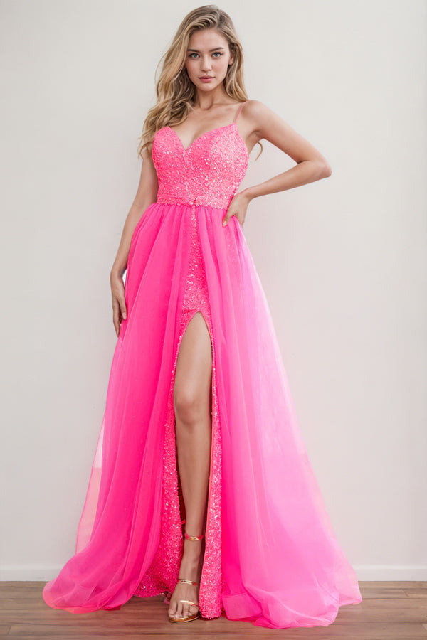 Spaghetti Straps Fuchsia Prom Dress Party Dress With Split-Pgmdress