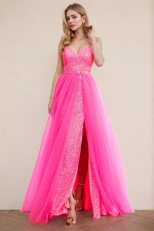 Spaghetti Straps Fuchsia Prom Dress Party Dress With Split-Pgmdress