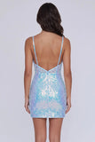 Spaghetti Straps Glitter Sequins Tight Light Blue Homecoming Dress-Pgmdress