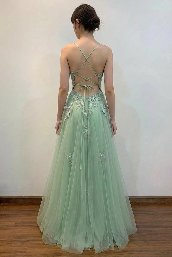 Spaghetti Straps Plunging V Neck Grey Blue Prom Dress With Split-Pgmdress