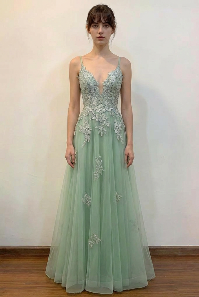 Spaghetti Straps Plunging V Neck Grey Blue Prom Dress With Split-Pgmdress