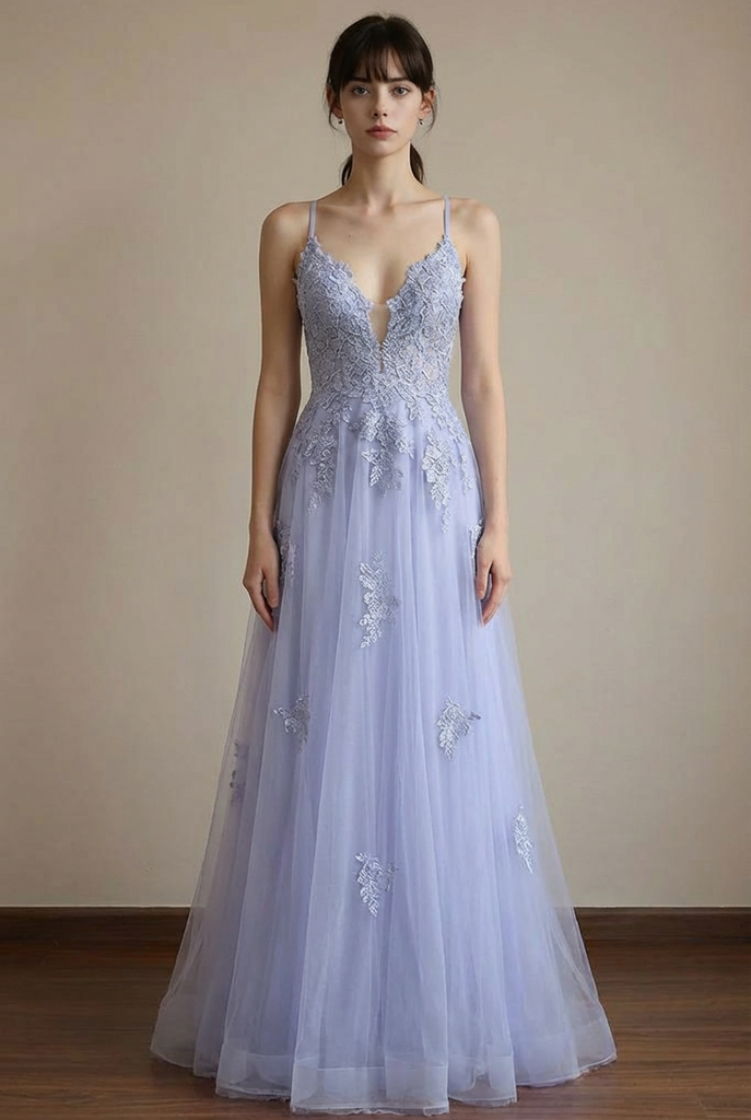 Spaghetti Straps Plunging V Neck Grey Blue Prom Dress With Split-Pgmdress
