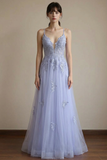 Spaghetti Straps Plunging V Neck Grey Blue Prom Dress With Split-Pgmdress