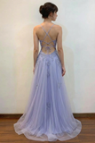 Spaghetti Straps Plunging V Neck Grey Blue Prom Dress With Split-Pgmdress