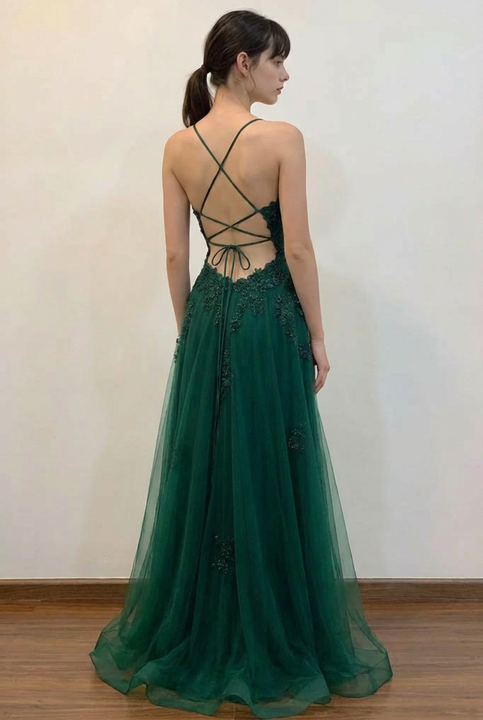 Spaghetti Straps Plunging V Neck Grey Blue Prom Dress With Split-Pgmdress