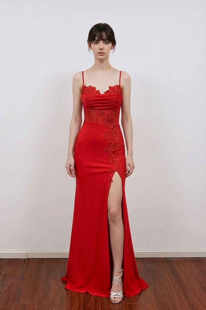 Spaghetti Straps Red Appliques Long Prom Dress Party Dress with Slit