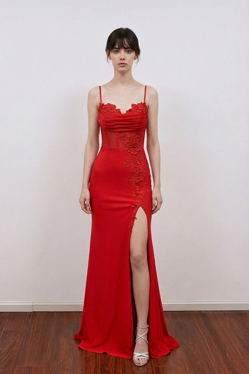 Spaghetti Straps Red Appliques Long Prom Dress Party Dress with Slit