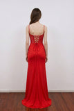 Spaghetti Straps Red Appliques Long Prom Dress Party Dress with Slit