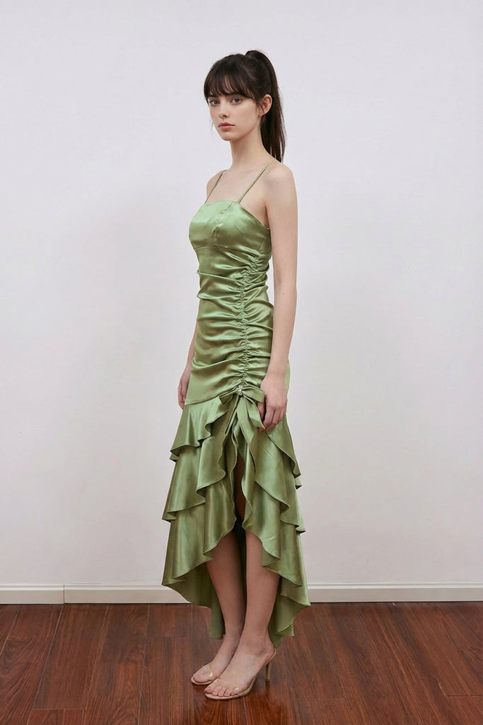 Spaghetti Straps Ruffles Sleeveless Green Long Prom Dress PSK721-Pgmdress