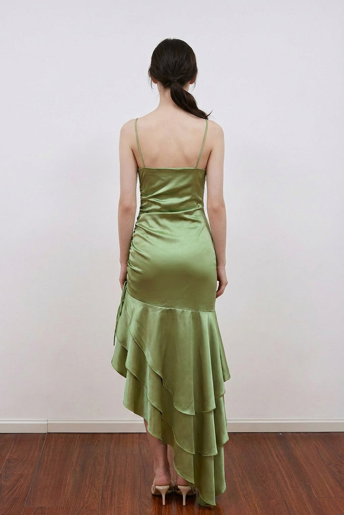 Spaghetti Straps Ruffles Sleeveless Green Long Prom Dress PSK721-Pgmdress