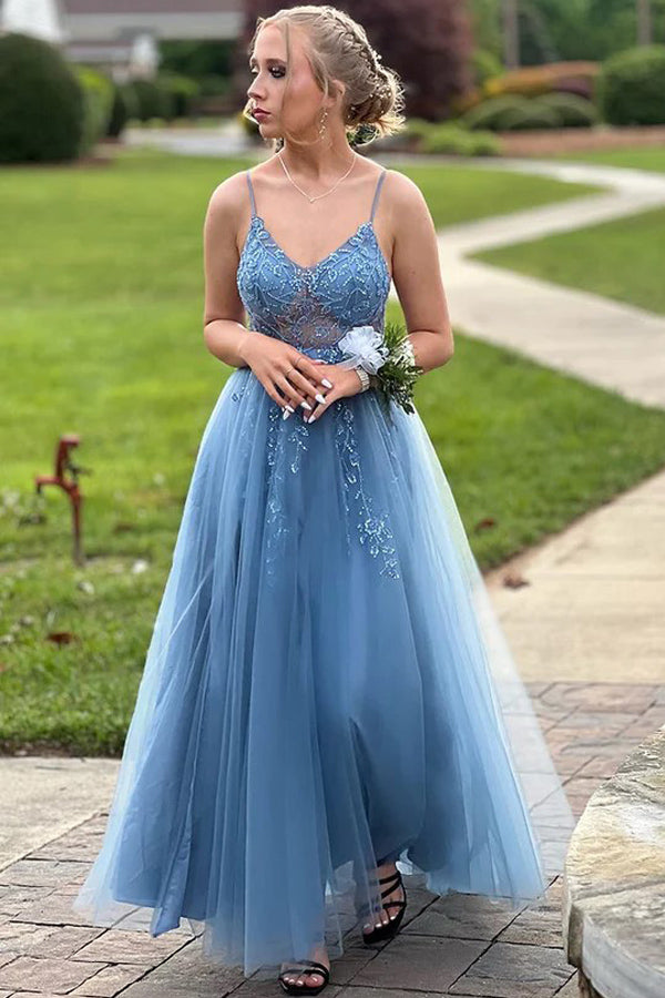 Spaghetti Straps V-Neck Ruffles Sleeveless Blue Prom Dress PSK646-Pgmdress
