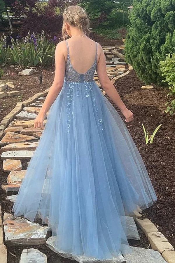 Spaghetti Straps V-Neck Ruffles Sleeveless Blue Prom Dress PSK646-Pgmdress