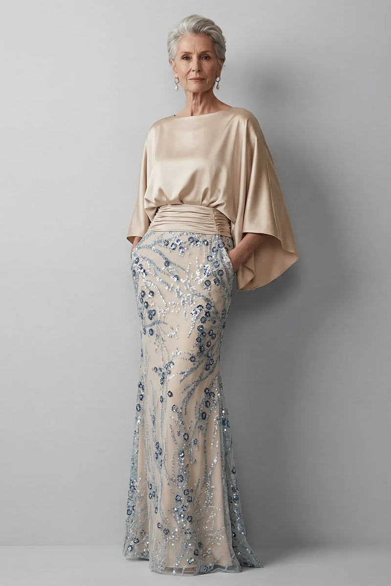Sparkly Beaded Floral Mermaid Champagne Mother of the Bride Dress-Pgmdress