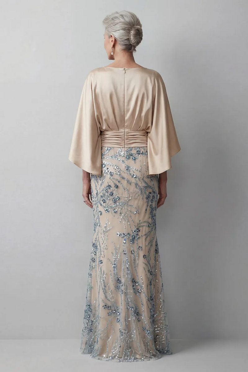 Sparkly Beaded Floral Mermaid Champagne Mother of the Bride Dress-Pgmdress
