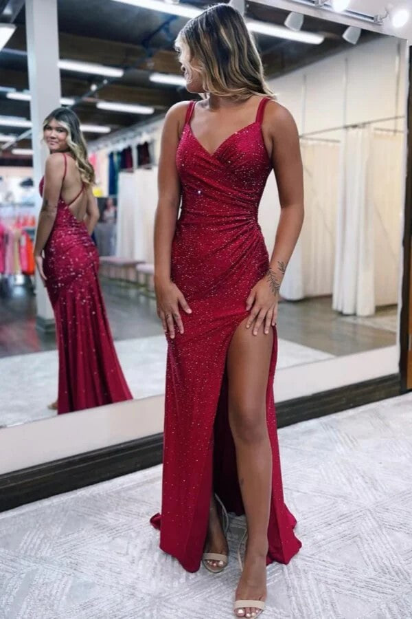 Sparkly Dark Red V Neck Sequins Long Prom Dress with Slit PSK689-Pgmdress