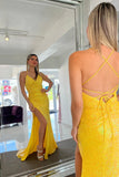 Sparkly Lace Up Mermaid Yellow Sequins Long Prom Dress with Slit PSK464