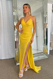 Sparkly Lace Up Mermaid Yellow Sequins Long Prom Dress with Slit PSK464