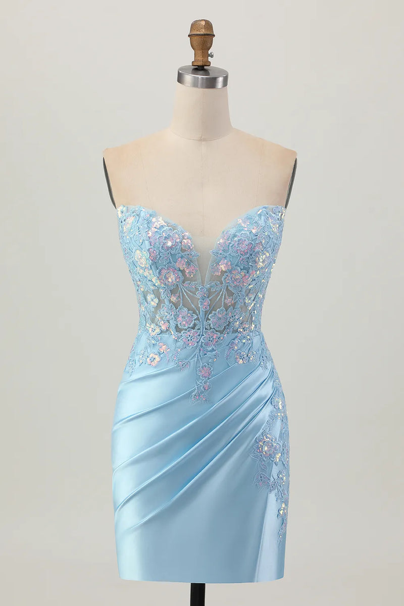 Sparkly Light Blue Sequined Tight Corset Short Homecoming Dress