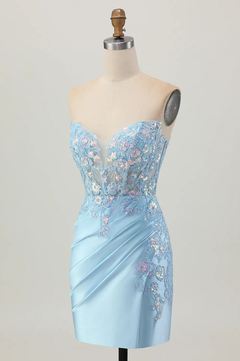Sparkly Light Blue Sequined Tight Corset Short Homecoming Dress