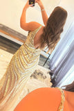 Sparkly Mermaid Deep V-Neck Sequins Gold Long Prom Dress Party Dress-Pgmdress