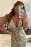 Sparkly Mermaid Deep V-Neck Sequins Gold Long Prom Dress Party Dress-Pgmdress