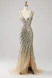 Sparkly Mermaid Deep V-Neck Sequins Gold Long Prom Dress Party Dress-Pgmdress