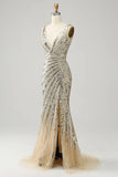 Sparkly Mermaid Deep V-Neck Sequins Gold Long Prom Dress Party Dress-Pgmdress