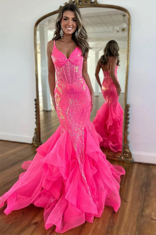 Sparkly Mermaid Spaghetti Straps Hot Pink Prom Dress PSK568-Pgmdress