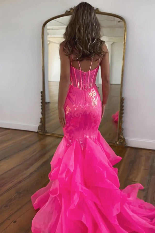 Sparkly Mermaid Spaghetti Straps Hot Pink Prom Dress PSK568-Pgmdress