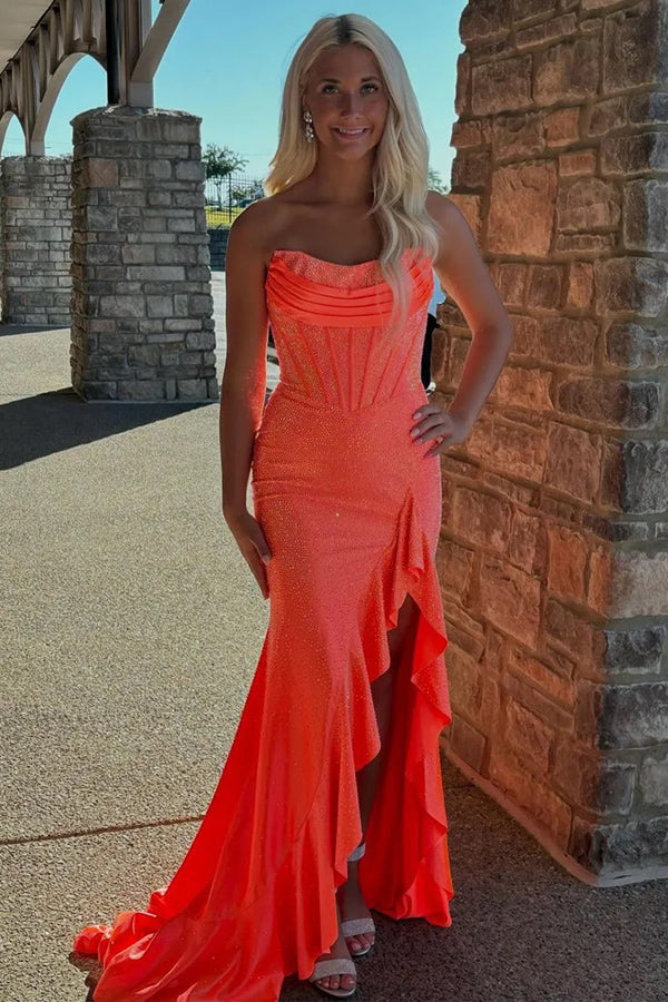 Sparkly Mermaid Strapless Corset Beaded Orange Prom Dress PSK698-Pgmdress