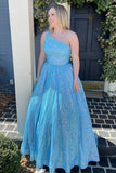 Sparkly Plus Size Light Blue One Shoulder A Line Sequins Prom Dress PSK465