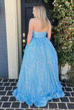 Sparkly Plus Size Light Blue One Shoulder A Line Sequins Prom Dress PSK465-Pgmdress
