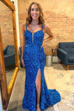 Sparkly Royal Blue Sequin Mermaid Long Prom Dress with Slit PSK494