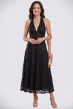 Sparkly Sequin A Line Halter Midi Black Mother of the Bride Dress-Pgmdress