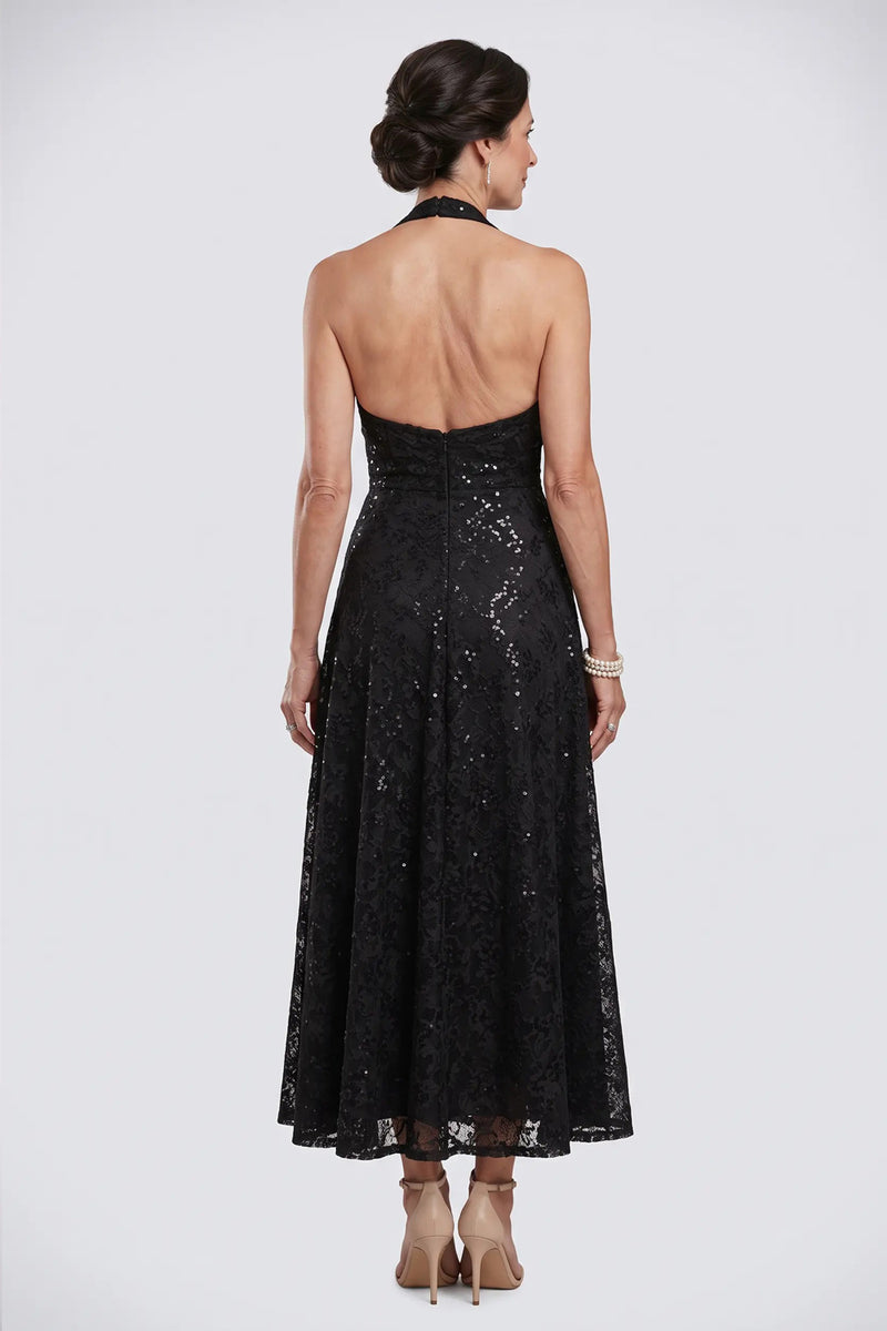 Sparkly Sequin A Line Halter Midi Black Mother of the Bride Dress-Pgmdress