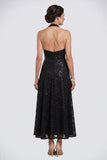 Sparkly Sequin A Line Halter Midi Black Mother of the Bride Dress-Pgmdress