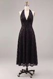 Sparkly Sequin A Line Halter Midi Black Mother of the Bride Dress-Pgmdress