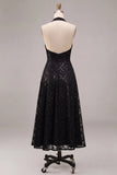 Sparkly Sequin A Line Halter Midi Black Mother of the Bride Dress-Pgmdress