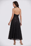 Sparkly Sequin A Line Halter Midi Black Mother of the Bride Dress-Pgmdress