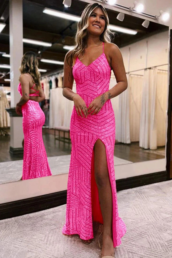 Pink Sparkly Tight Prom Dress Sparkly Hot Pink Sequins Backless