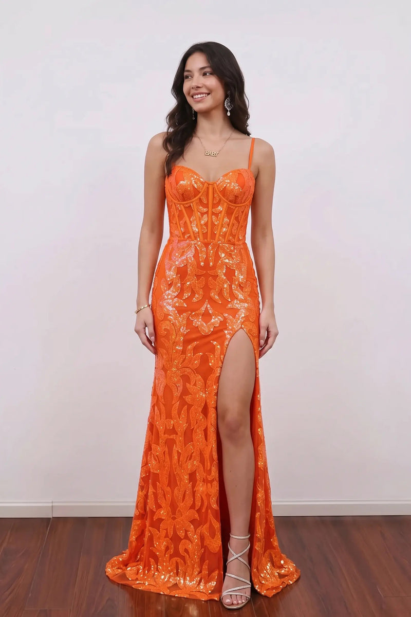 Sparkly Sequin Orange Corset Sequins Long Prom Dress with Slit-Pgmdress