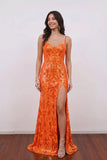 Sparkly Sequin Orange Corset Sequins Long Prom Dress with Slit-Pgmdress